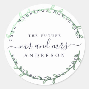Future Mr Mrs Green Wreath Wedding Return Address Classic Round Sticker