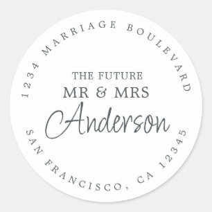 Future Mr Mrs Script Black White Return Address Classic Round Sticker