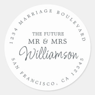 Future Mr Mrs Script Black White Return Address Classic Round Sticker