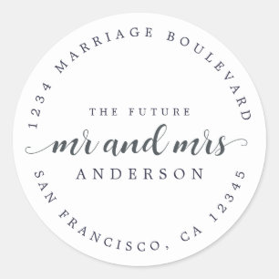Future Mr Mrs Script Dark Blue Return Address Classic Round Sticker