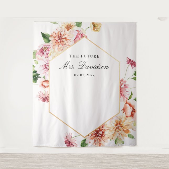 Future Mrs Blush Floral Bridal Shower Backdrop Tapestry (Front)