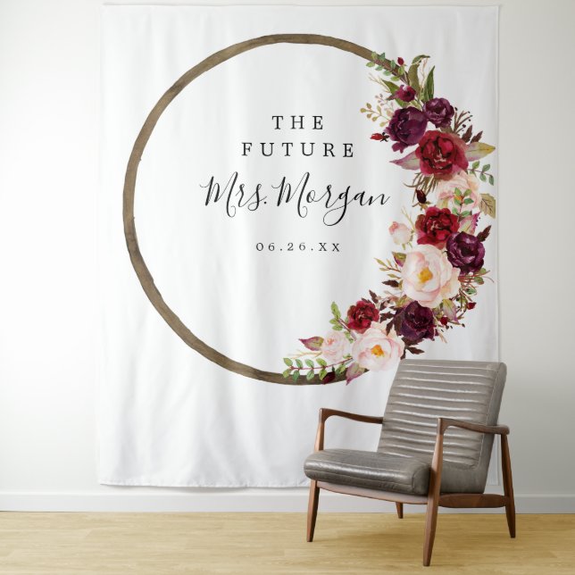 Future Mrs Bridal Shower Backdrop Boho Burgundy Tapestry (In Situ)