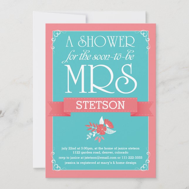 Future Mrs Bridal Shower Invite | Turquoise Coral (Front)
