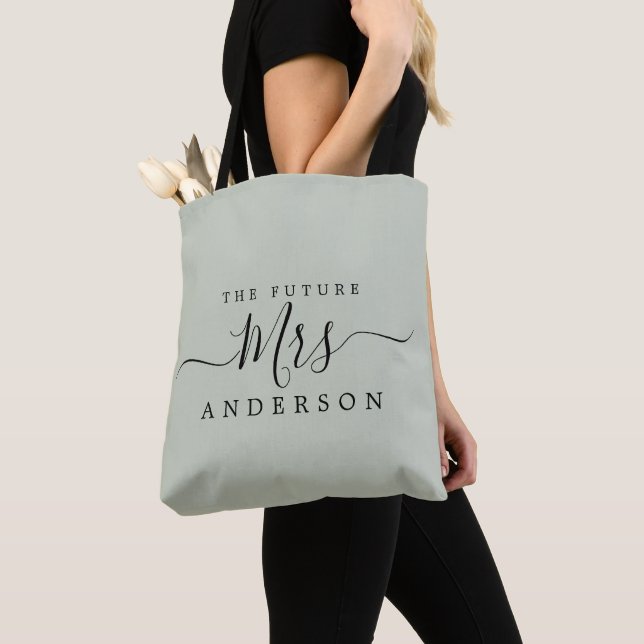 Future Mrs Chic Script Custom Name Bride To Be Tote Bag (Close Up)