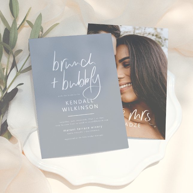 Future Mrs Dusty Blue Modern Brunch & Bubbly Photo Invitation (Creator Uploaded)