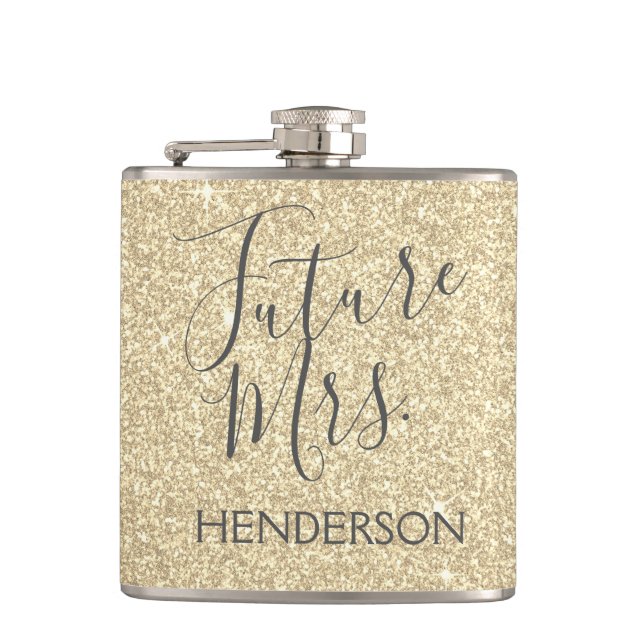 Future Mrs. Gold Bachelorette Sparkle Glitter Hip Flask (Front)