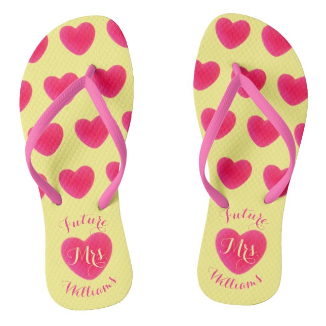 Future Mrs. Heart Pattern Pink and Yellow Flip Flops (Footbed)