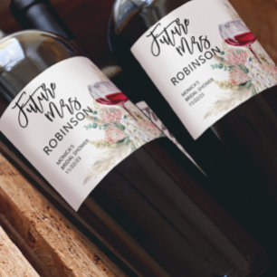 Future Mrs Name Bridal Shower Wine Watercolor Boho Wine Label