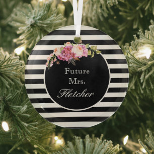 Future Mrs. Personalized Black & White Stripes Glass Ornament