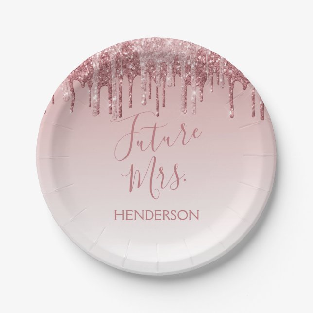 Future Mrs. Rose Gold Blush Pink Sparkle Glitter Paper Plate (Front)