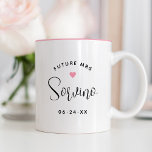 Future Mrs Script Pink Wedding Monogram Two-Tone Coffee Mug<br><div class="desc">Celebrate the bride to be with this charming Future Mrs mug featuring a custom last name in flowing calligraphy script, a wedding date, and a sweet pink heart accent on a white background with a coordinating pink interior. The elegant, minimalist design is perfect for the engagement season. The last name...</div>