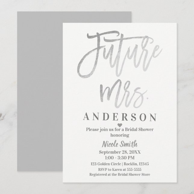 Future Mrs. Silver Modern Script Bridal Shower Invitation (Front/Back)