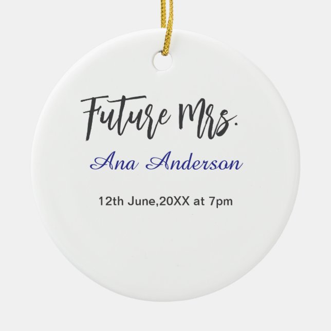 Future mrs surname bride to be purple gray name da ceramic ornament (Front)