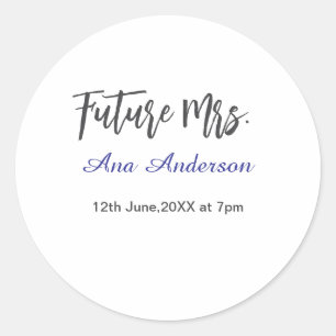 Future mrs surname bride to be purple gray name da classic round sticker
