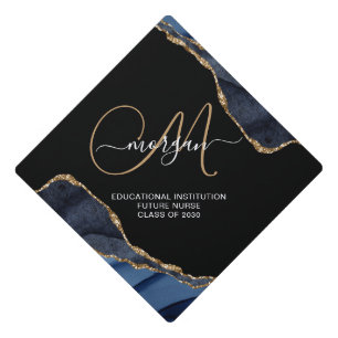 Future Nurse Blue Black Agate Gold Foil Monogram  Graduation Cap Topper