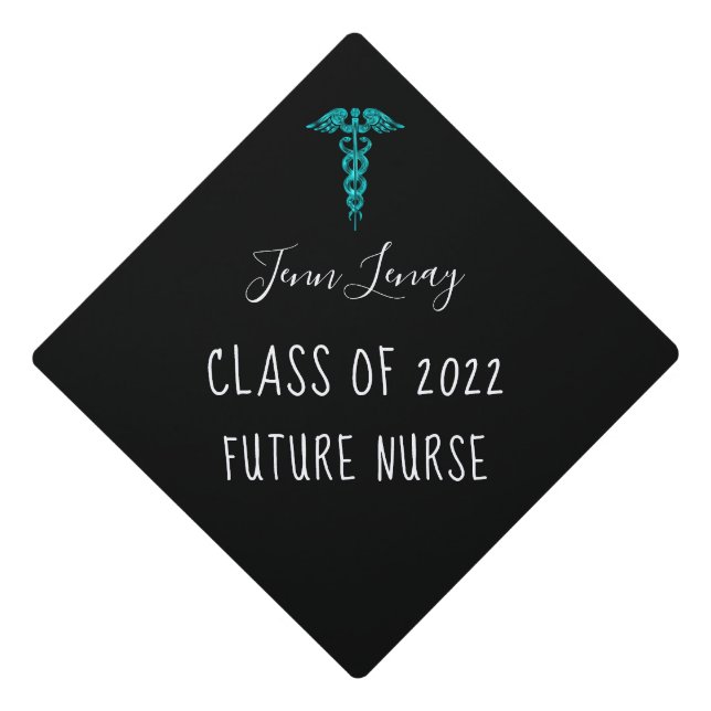 Future Nurse Class of 2022 Turquoise Caduceus  Graduation Cap Topper (Front)