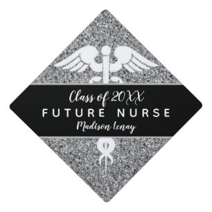Future Nurse Class of Black Silver Glitter Name Graduation Cap Topper