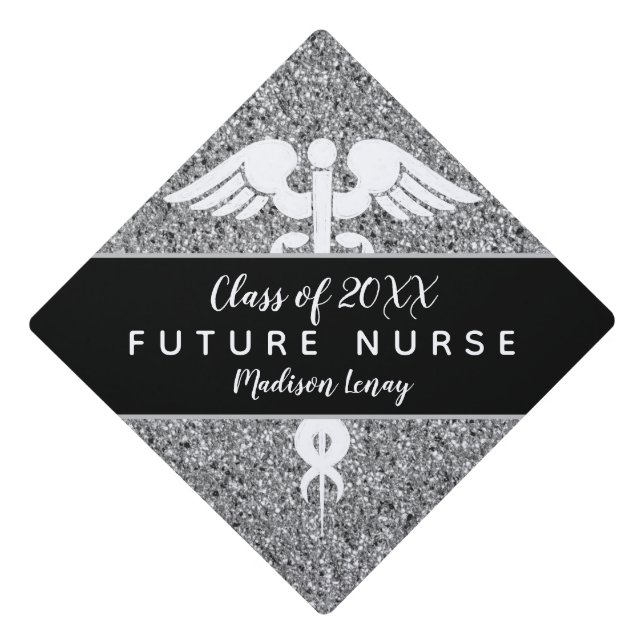 Future Nurse Class of Black Silver Glitter Name Graduation Cap Topper (Front)