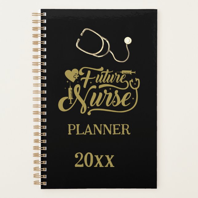 Future Nurse Elegant Modern Gold Black Minimalist Planner (Front)