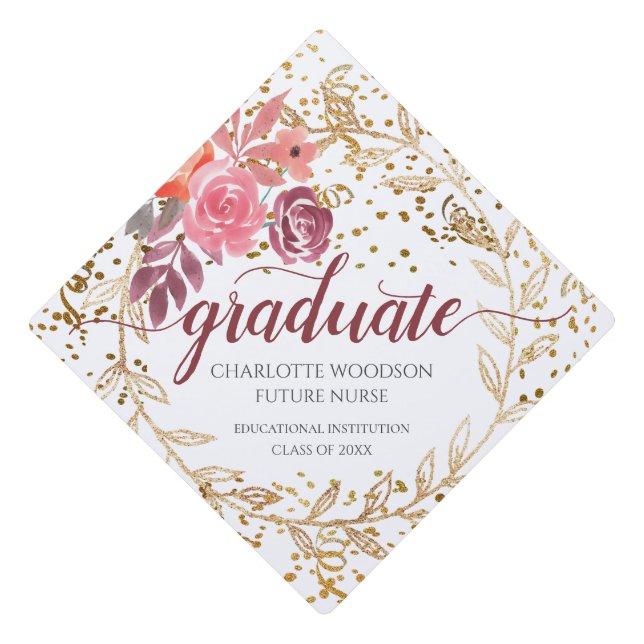 Future Nurse Floral Glitter Script Graduation Cap Topper (Front)