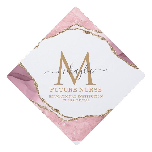 Future Nurse Marble Blush Pink Gold Foil Monogram Graduation Cap Topper (Front)