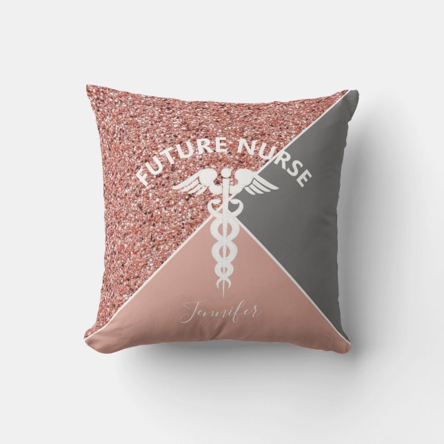 Future Nurse Medical Pink Glitter Personalized Throw Pillow (Front)