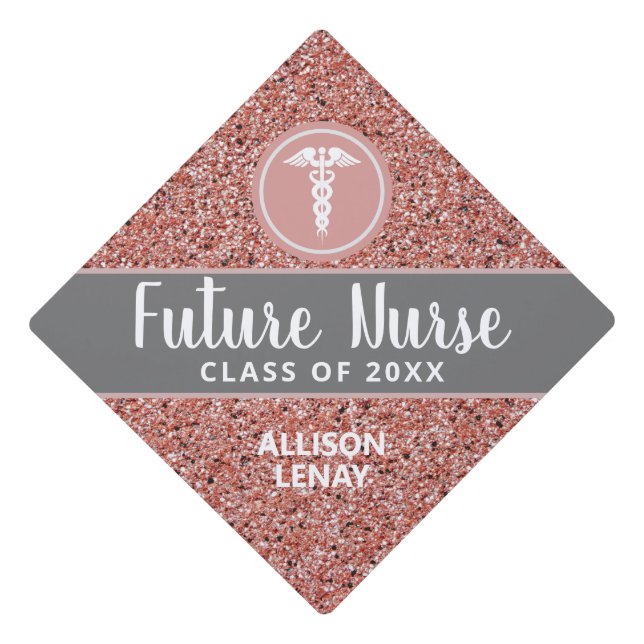 Future Nurse Rose Gold Glitter Modern Personalized Graduation Cap Topper (Front)