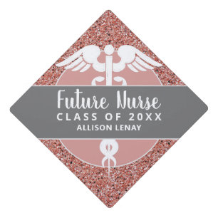 Future Nurse Rose Gold Pink Glitter Personalized Graduation Cap Topper