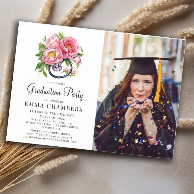 Future Nurse Stethoscope Floral Graduation Invitation (Creator Uploaded)