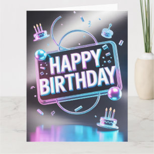 Futuristic 3D "Happy Birthday" Neon Sign Card