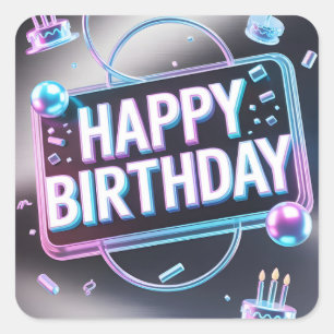 Futuristic 3D "Happy Birthday" Neon Sign Square Sticker