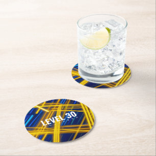 Futuristic Abstract Glowing Magenta Cyan Chaotic Round Paper Coaster