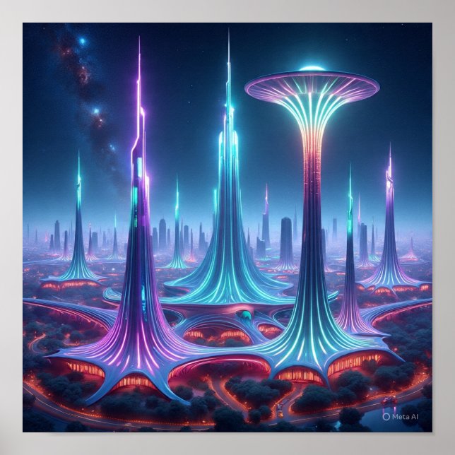 Futuristic Alien Cityscape with Spaceport Poster (Front)