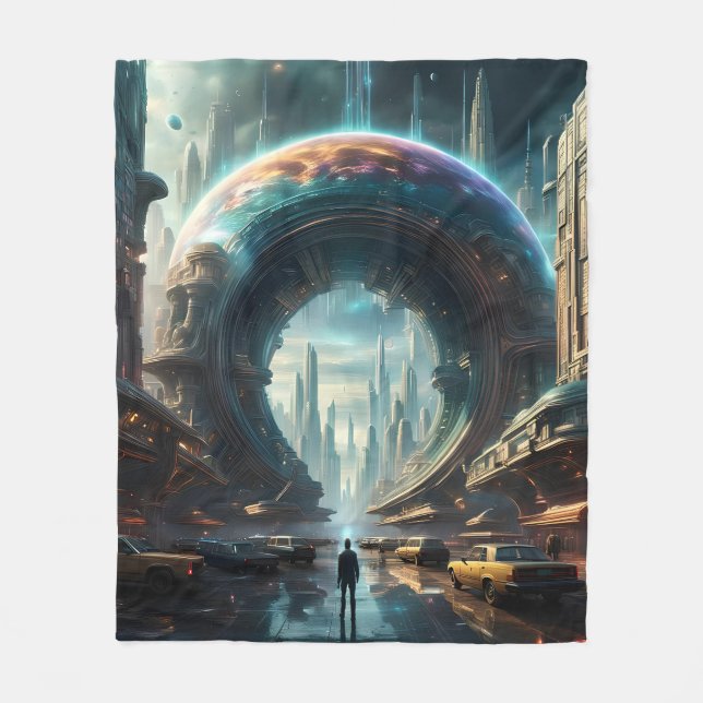 Futuristic Alien Planet Portal with Magic Gate Fleece Blanket (Front)