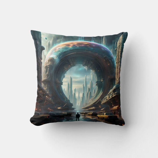 Futuristic Alien Planet Portal with Magic Gate Throw Pillow (Front)