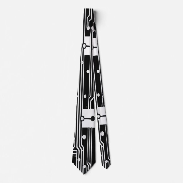 Futuristic Black and White Circuit Board Pattern Tie (Front)