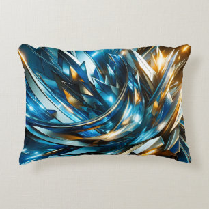 Futuristic Blue Gold Abstract Metallic Geometric Accent Pillow