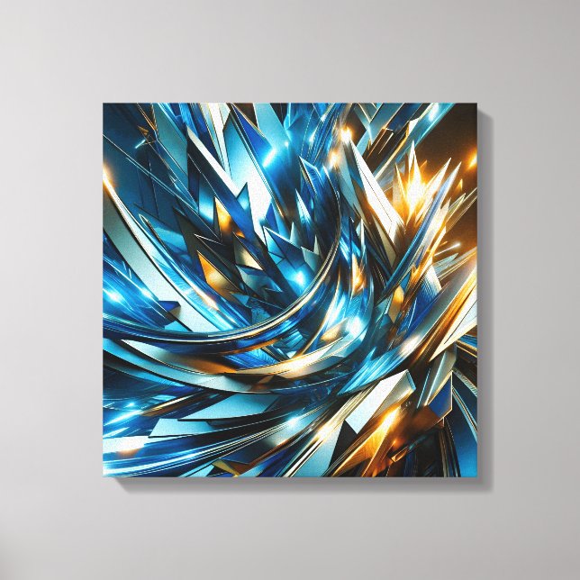 Futuristic Blue Gold Abstract Metallic Geometric Canvas Print (Front)