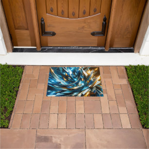 Futuristic Blue Gold Abstract Metallic Geometric Doormat