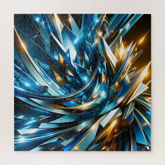 Futuristic Blue Gold Abstract Metallic Geometric Jigsaw Puzzle (Vertical)