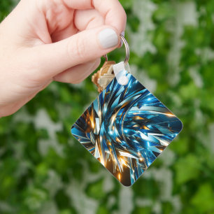 Futuristic Blue Gold Abstract Metallic Geometric Keychain