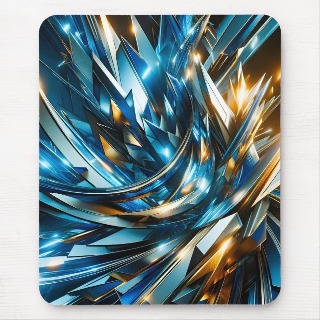 Futuristic Blue Gold Abstract Metallic Geometric Mouse Pad (Front)