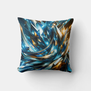 Futuristic Blue Gold Abstract Metallic Geometric Throw Pillow