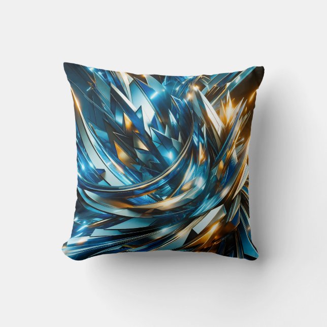 Futuristic Blue Gold Abstract Metallic Geometric Throw Pillow (Front)