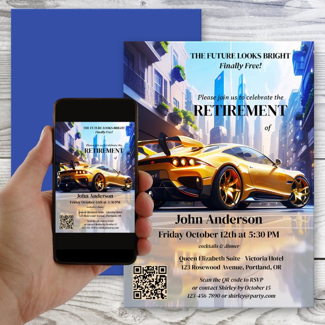Futuristic Car Freedom Retirement Party Invitation (Futuristic retirement invitation featuring a painting of sports car in a modern town. With QR code)
