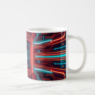 futuristic circuit board patterns of illuminated coffee mug
