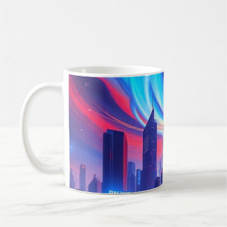 Futuristic City Mug | Neon Skyline & Cosmic Swirls