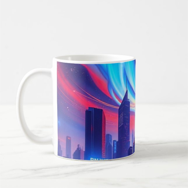 Futuristic City Mug | Neon Skyline & Cosmic Swirls (Left)
