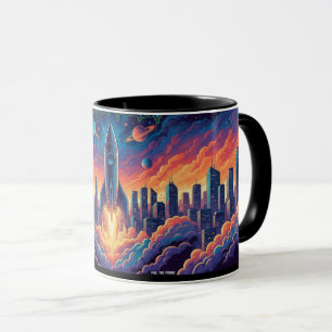 Futuristic City Rocket Launch Sci-Fi Colorful Comb Mug