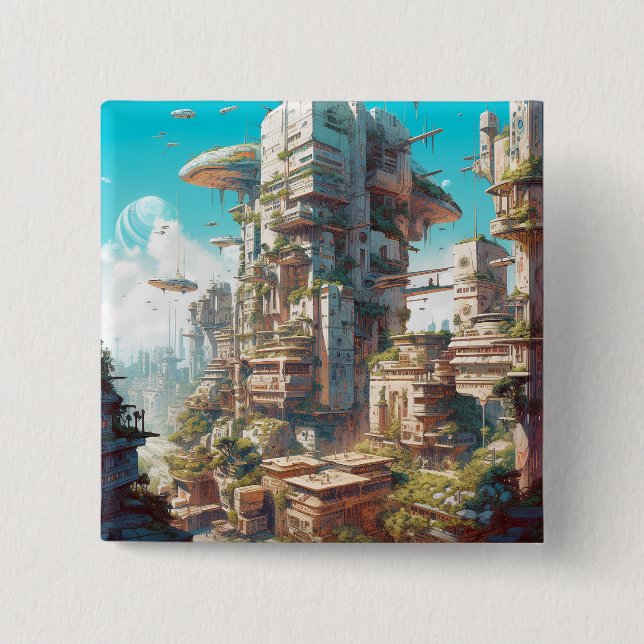Futuristic City Science Fiction Art 2 Inch Square Button (Front)